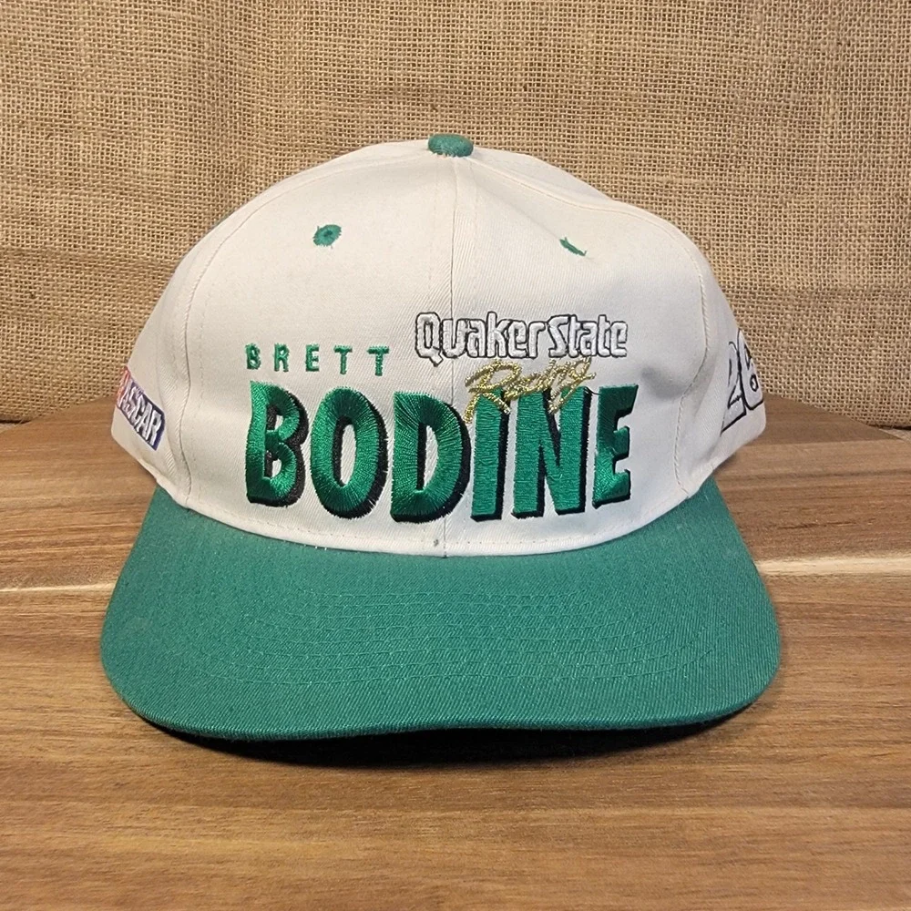 Vintage 90s Brett Bodine NASCAR Snapback Hat Quaker State Racing Green White Cap